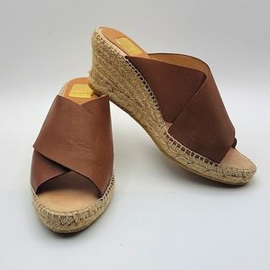 Kanna Brown Leather Cross Strap Espadrille Wedge Sandals